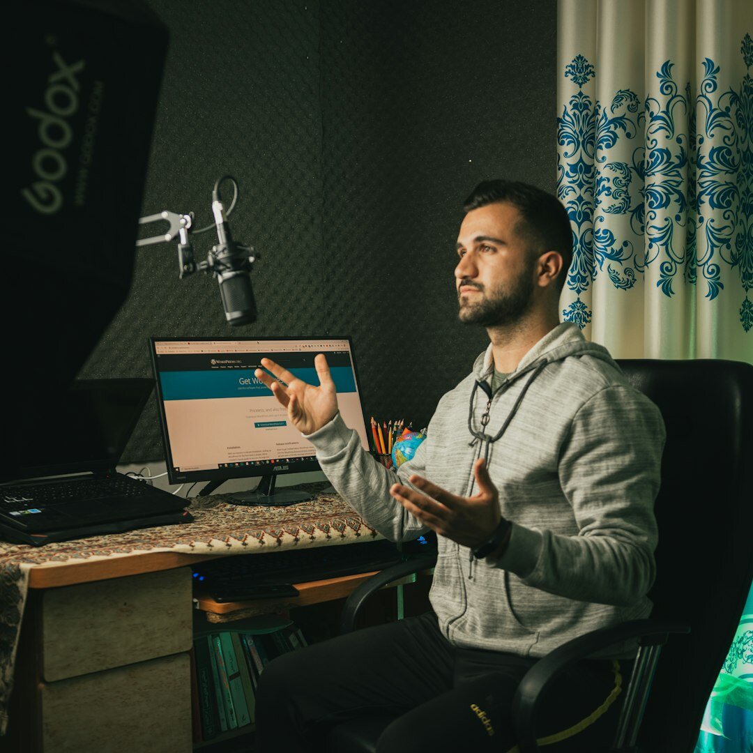 Male broadcasting expert with professional studio background
